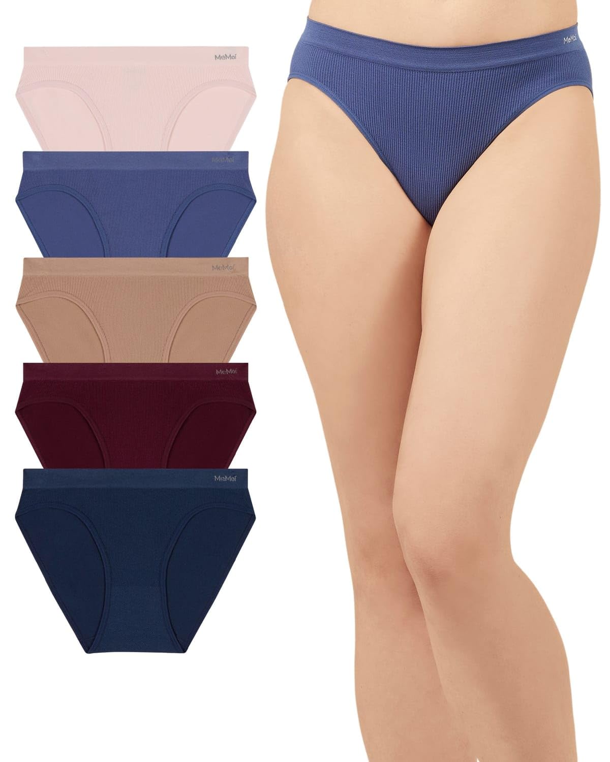MeMoi Women's Pin Rib Seamless Bikini Panties 5 Pack, No Show Underwear