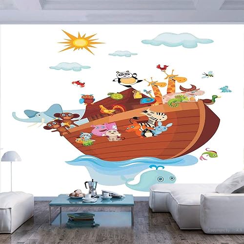 Miniatura 6 de Mural de pared de 116 x 83 pulgadas, estilo caricatura, grupo de animales en el arca de Noé, diseño de animación infantil, papel tapiz autoadhesivo