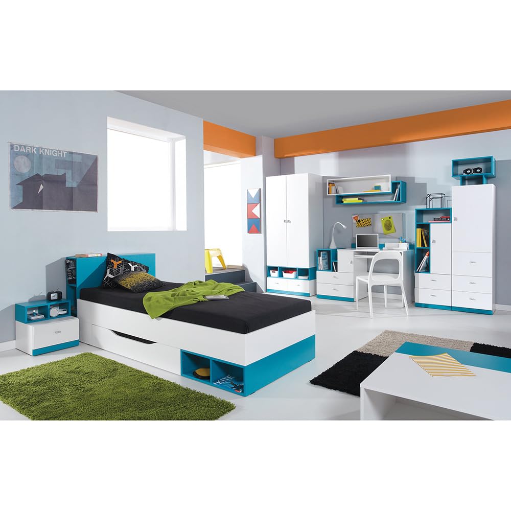 Lomadox Jugendzimmer Kinderzimmer Komplett-Set mit Bett 90x200cm und Schreibtisch modern weiß mit türkis