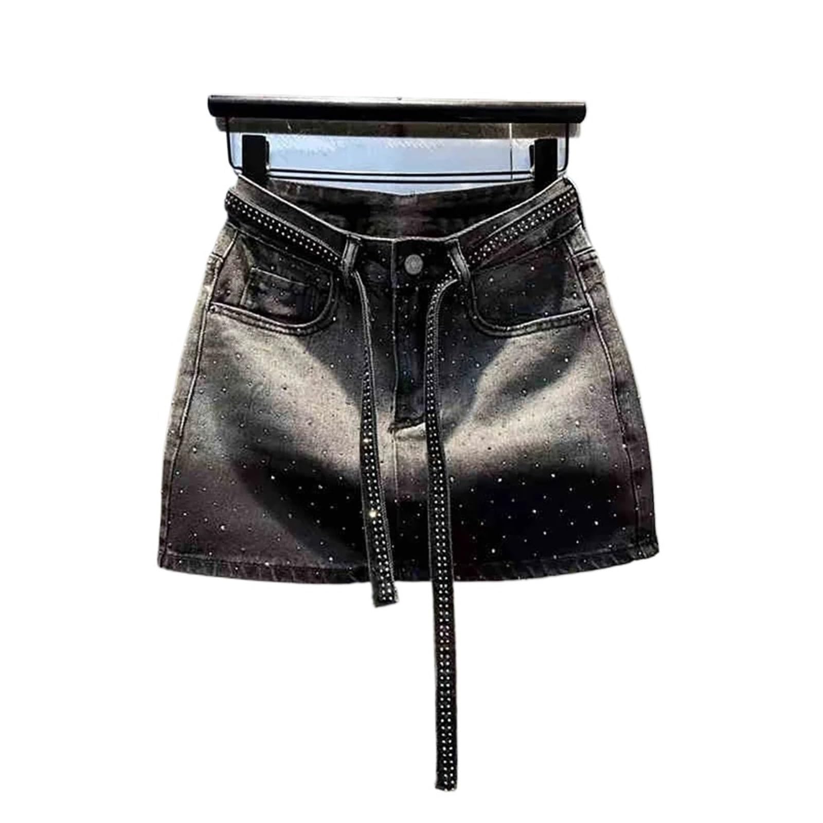 Minigonna in Denim con Diamanti retrò Oversize da 1 Pezzo for Le Donne, Vita Estiva, gonne Sottili Rivetti Lucidi, Jean sfumate per Vacanze E Feste