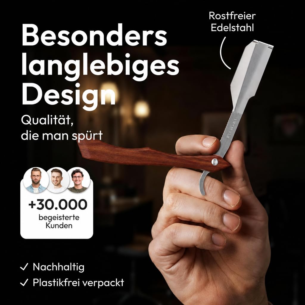Premium Rasiermesser mit Wechselklinge "The Edge" für Herren Griff aus Sandel-Holz - Straight Razor Bart & Konturen inkl. 5 x Klinge - Edelstahl Barber & Friseur Nass-Rasierer Bartmesser Set
