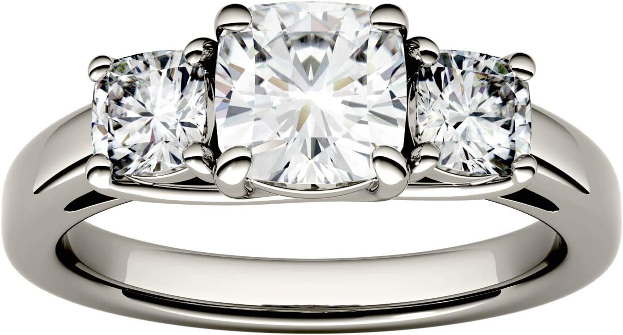 Charles & Colvard 14K White Gold Moissanite 6mm Cushion Trellis Three Stone Engagement Ring, 1.76cttw DEW