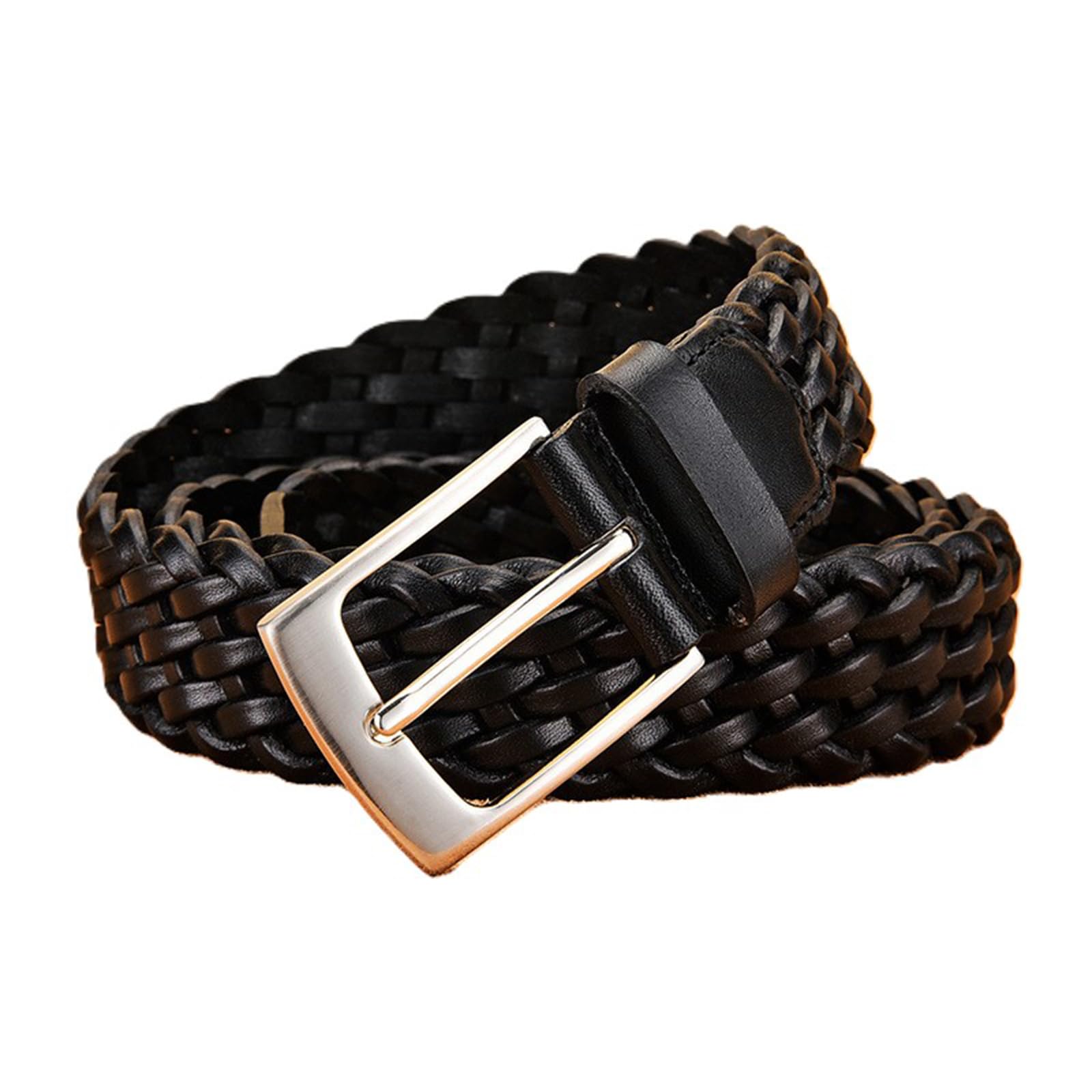 AGUTALITHIC Womens Mens Fully Adjustable Leather Braided Belt Woven Waist Strap with Prong Alloy Buckle for Jeans,Dress,Pants(105cm/41, Black-3.4cm)