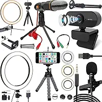 Kit Home Office Webcam Full HD 1080p Microfone Condensador Luz Iluminador para Gravar Vídeo Aula Reunião Hangouts Zoom Stream