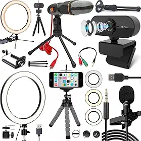 Kit Home Office Webcam Full HD 1080p Microfone Condensador Luz Iluminador para Gravar Vídeo Aula Reunião Hangouts Zoom Stream