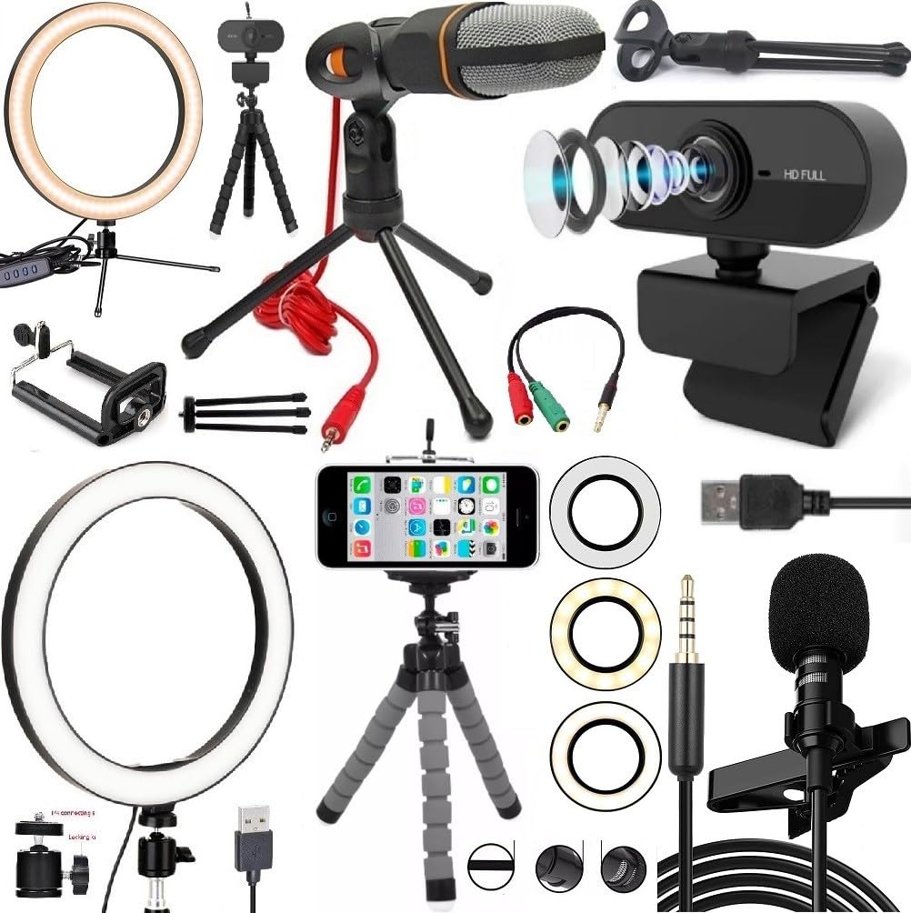 Kit Home Office Webcam Full HD 1080p Microfone Condensador Luz Iluminador para Gravar