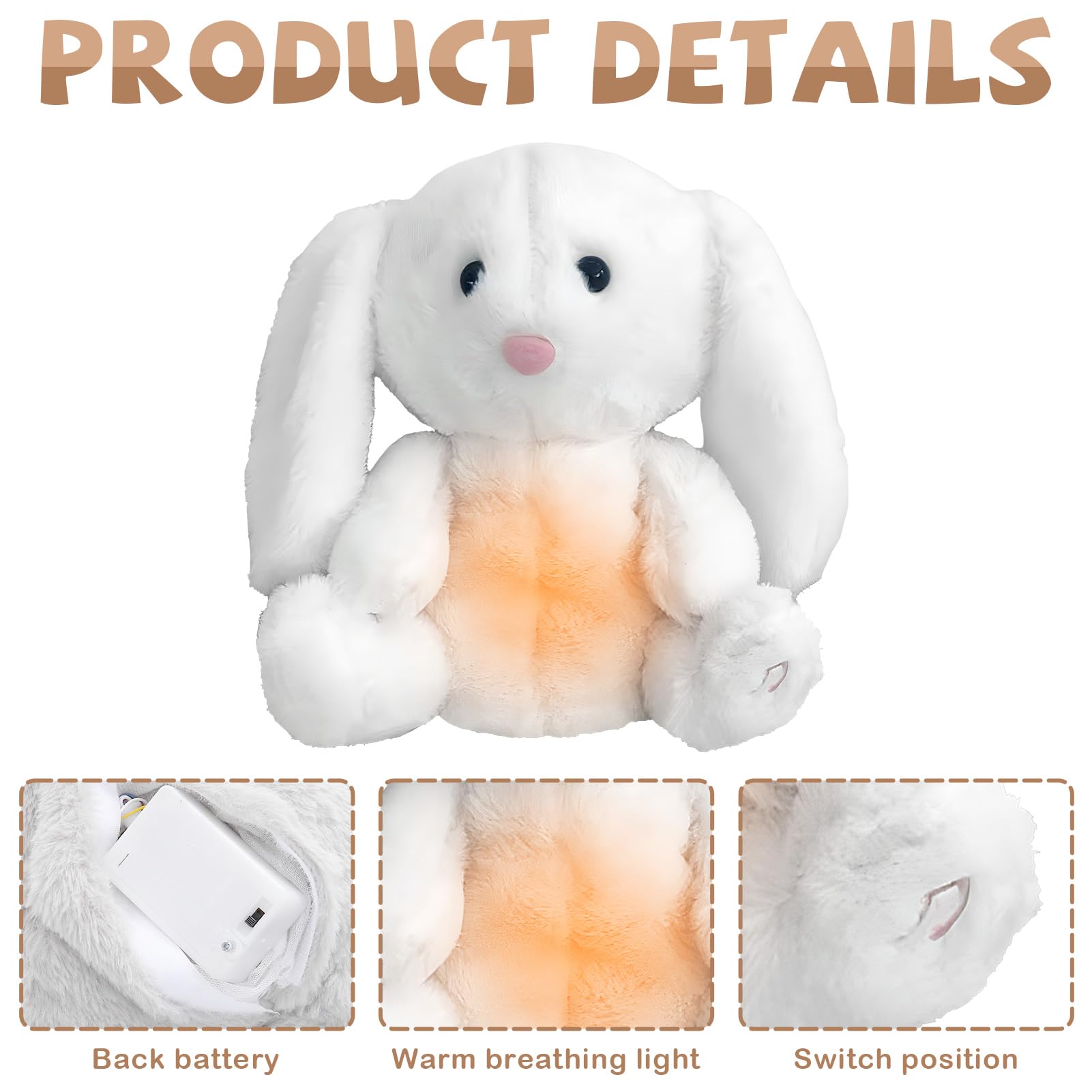 Ficlwigkis Anxiety Breathing Teddy Bunny,Soothing Breathing Rabbit,Anxiety Bear Anxiety Relief for Adults Kids Bunny with Calming Music & Soft Lights,Anxiety Plush Anxiety Relief Bunny (White) - Image 3