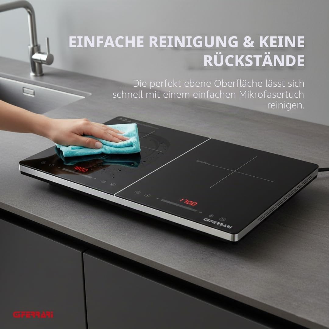 G3 Ferrari G10209 Energiko Duo Doppel-Induktionskochplatte 3500W, 2 Kochzonen, Ultraschlank 50 mm, Slider, Timer, Booster, Kindersicherung