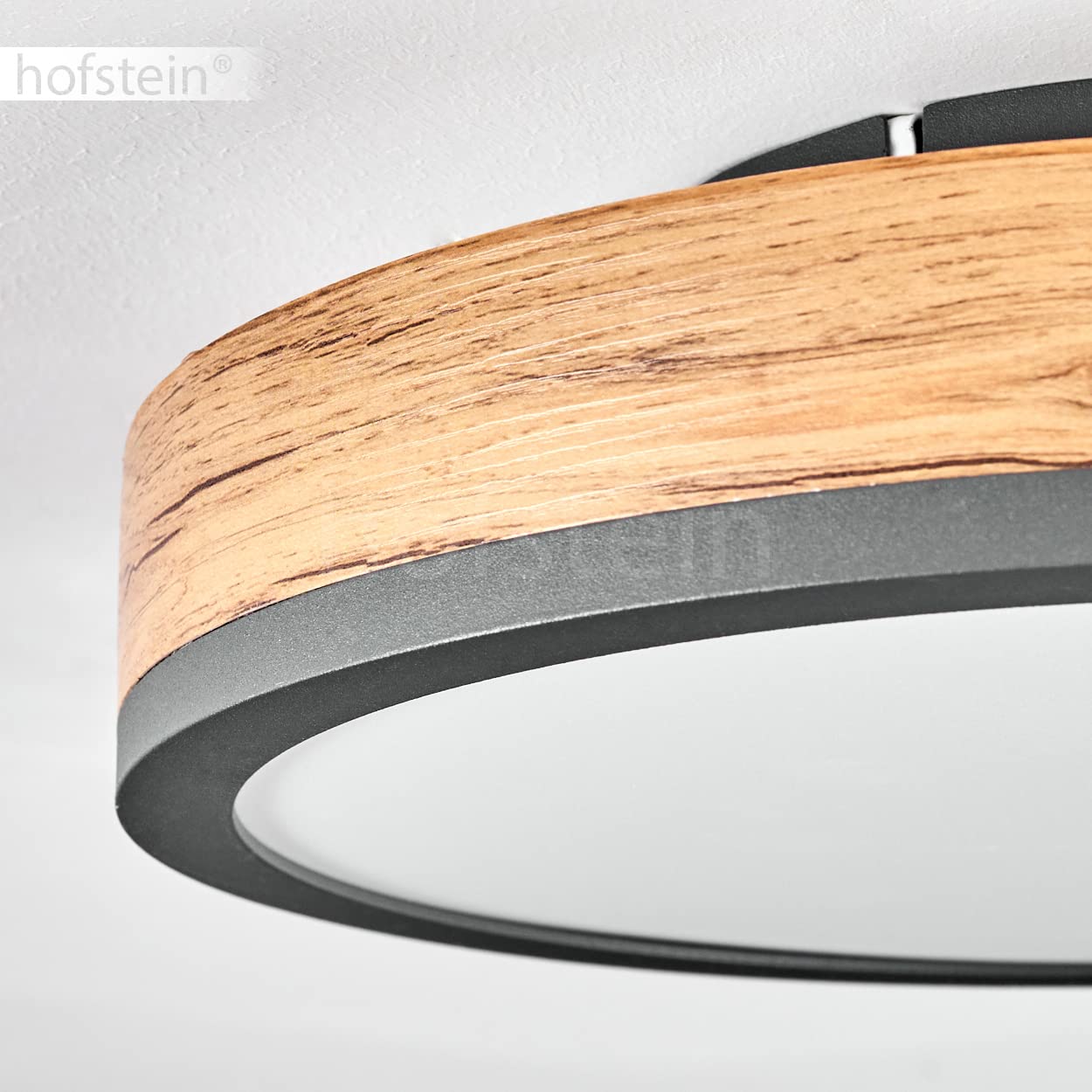 HOFSTEIN LED Deckenleuchte Salmi, Deckenpanel aus Metall/MDF/Kunststoff in Anthrazit/Holzoptik/Weiß, Leuchte im flachen Design, Ø 30 cm, 12 Watt, 950 Lumen, 3000 Kelvin, Esszimmer, Küche, Schlafzimmer