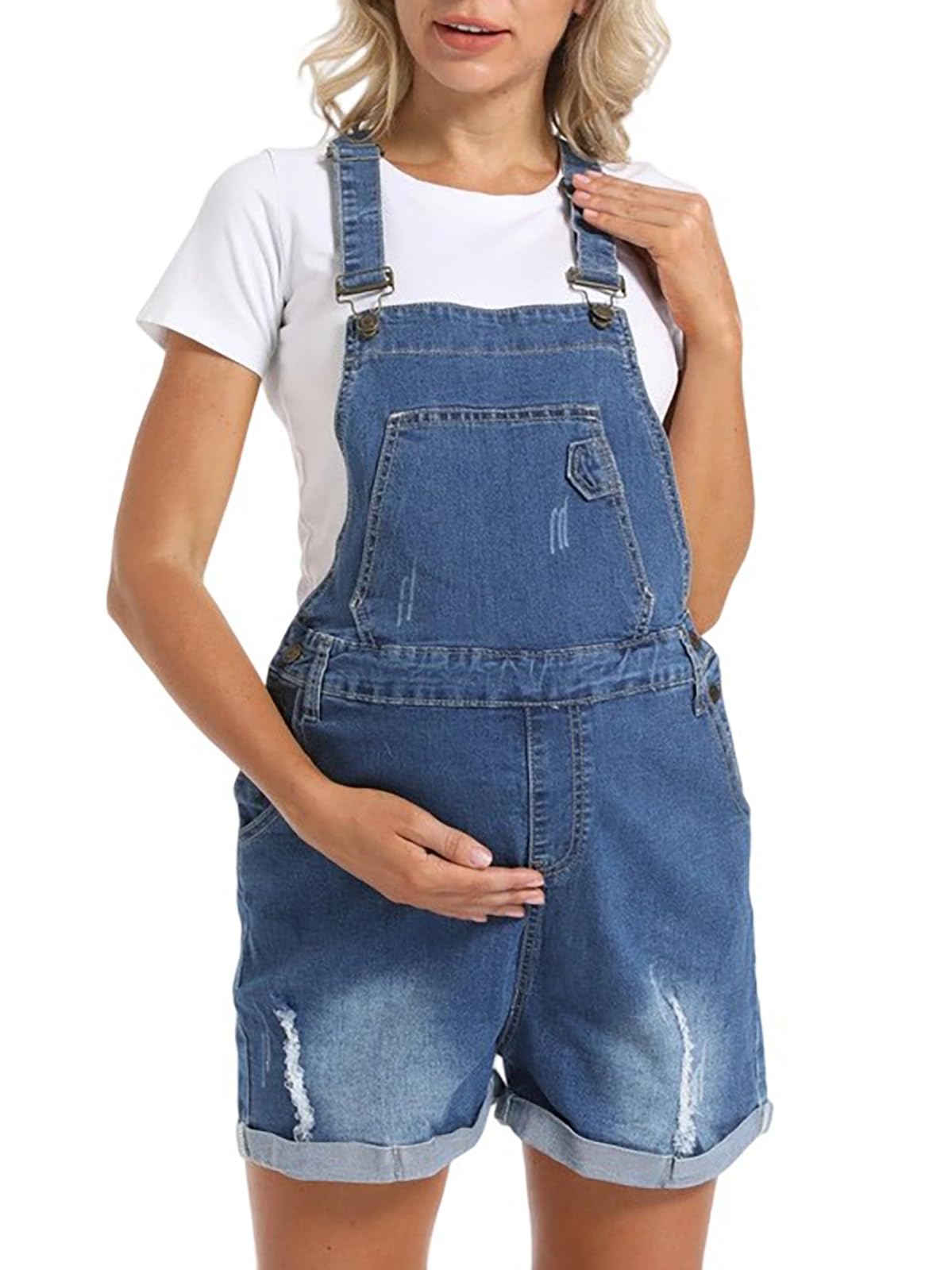 Mono de mezclilla de maternidad para mujer, mono de mezclilla rasgado con dobladillo enrollado, para uso diario