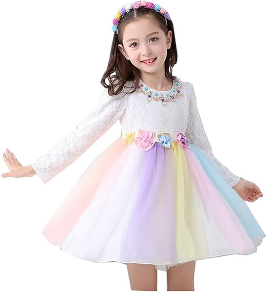 Amazon Lisa Pulster 子供 ドレス 女の子 フォーマル キレイめ 虹色 可愛いいワンピース花柄 春秋 冬 子どもドレス 長袖 お姫様 チュール スカート 結婚式 発表会 七五三 入学式 卒業式 キッズ ワンピース チュニック 通販