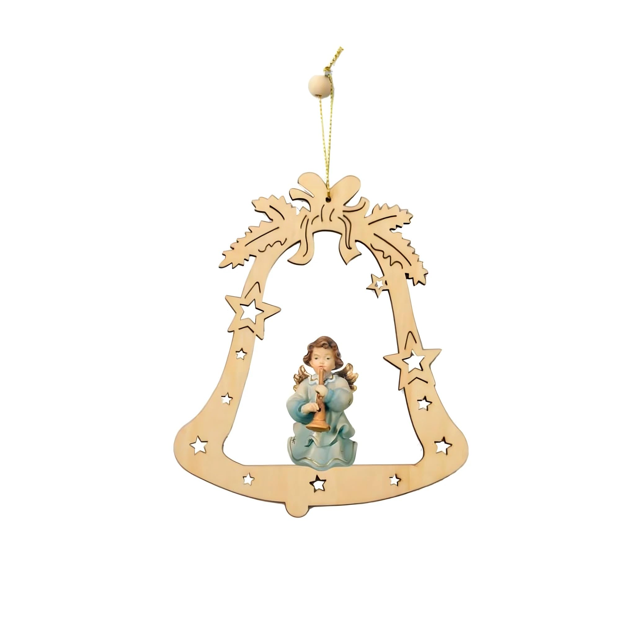 Dolfi Bell with Angel Carved Wood 15 cm | Hand Painted Wood in Val Gardena | Religious Article