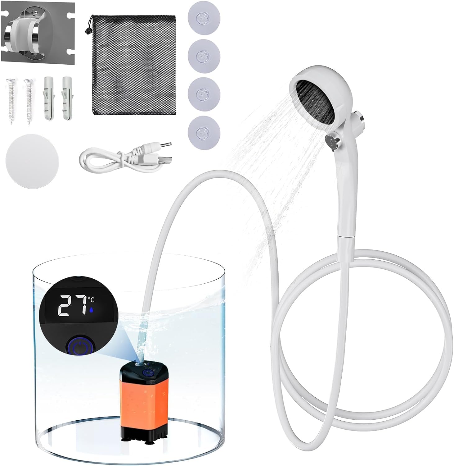 Hcosmy Portable Shower for Camping, USB Rechargeable Shower Pump with Intelligent Digital Display, Camping Shower Head Nozzle for Outdoor Camping, Hiking, Traveling, Washing