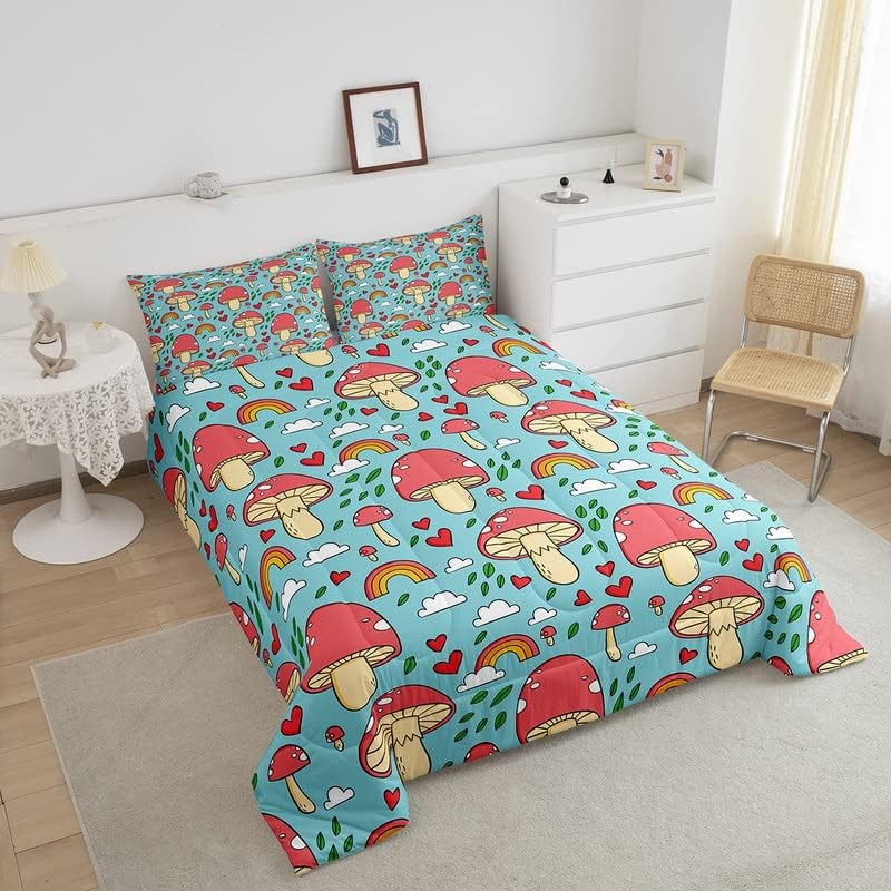 Miniatura 3 de Feelyou Lindo juego de edredón de hongos de dibujos animados para niños, adolescentes, juego de ropa de cama Kawaii con hongos cariños, arco iris,