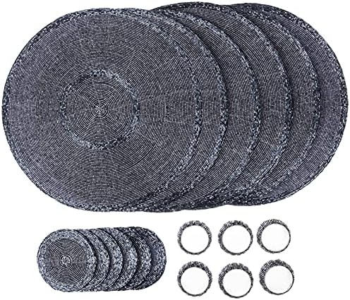 Penguin Home® Glass beaded Set of 18 pieces | 6 Placemats (32cm), 6 Coasters (10cm) & 6 Napkin Rings (5cm) | Antique Silver Colour & Round | Handcrafted by Skilled Indian Artisans | Hand Made Gift