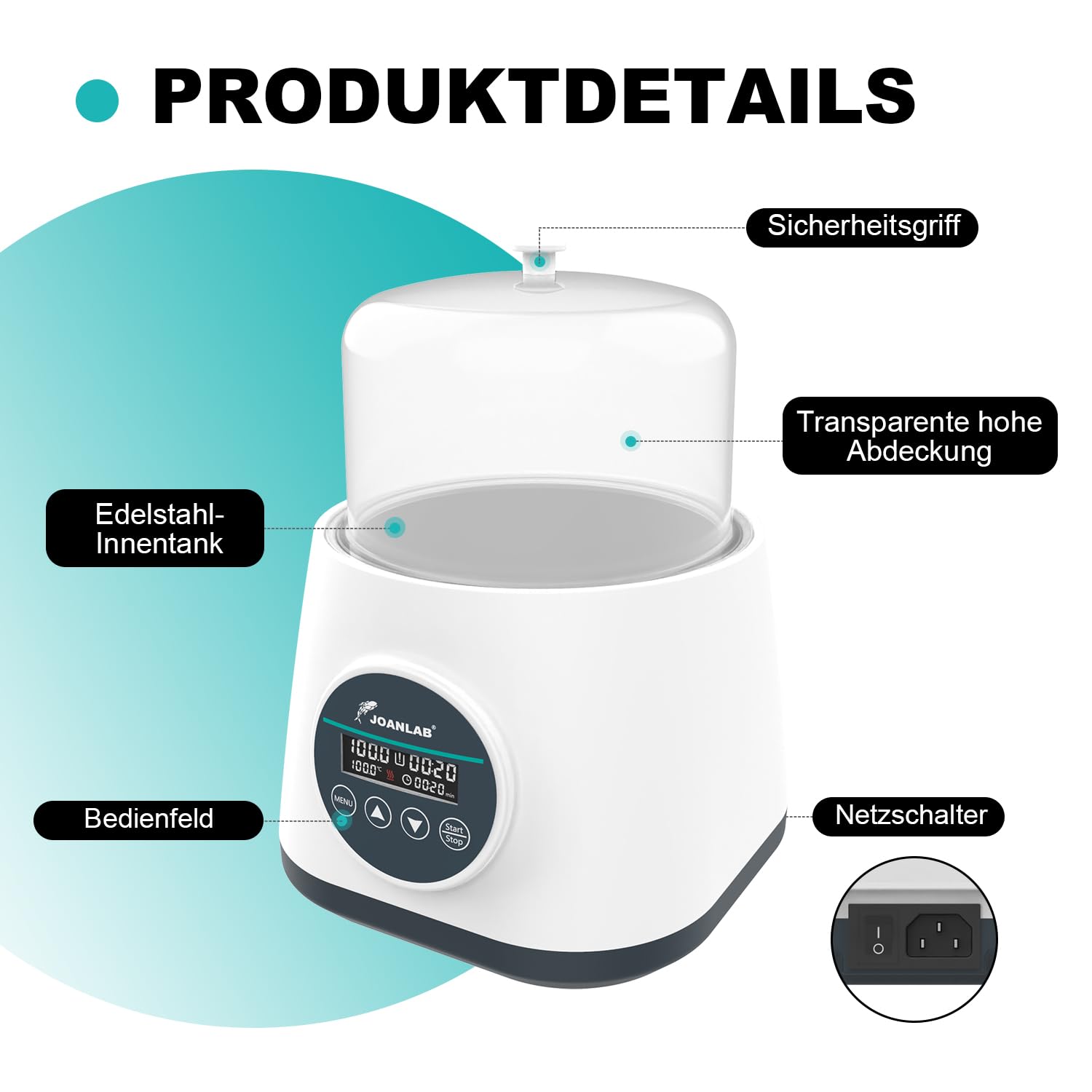 JOANLAB 2L Labor-Wasserbad mit Digitalanzeige, Präzisionsheizung 100°C, Edelstahl-Wanne mit Timer & Doppelschutz, Klarsichtdeckel für Laboratorien(WB-2S)