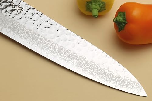Miniatura 8 de Yoshihiro Juego de cuchillos de chef Gyuto de Damasco martillado de 46 capas y cuchillo utilitario (Gyuto 8.25 pulgadas (8.268 in) y pequeño 6 Mango