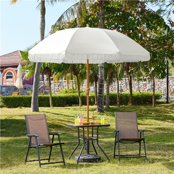 Yaheetech Ombrellone da Spiaggia Giardino Inclinabile con Frange 215 cm in Poliestere e Metallo con Borsa per Trasporto Protezione UV Esterno Cortile Piscina Crema