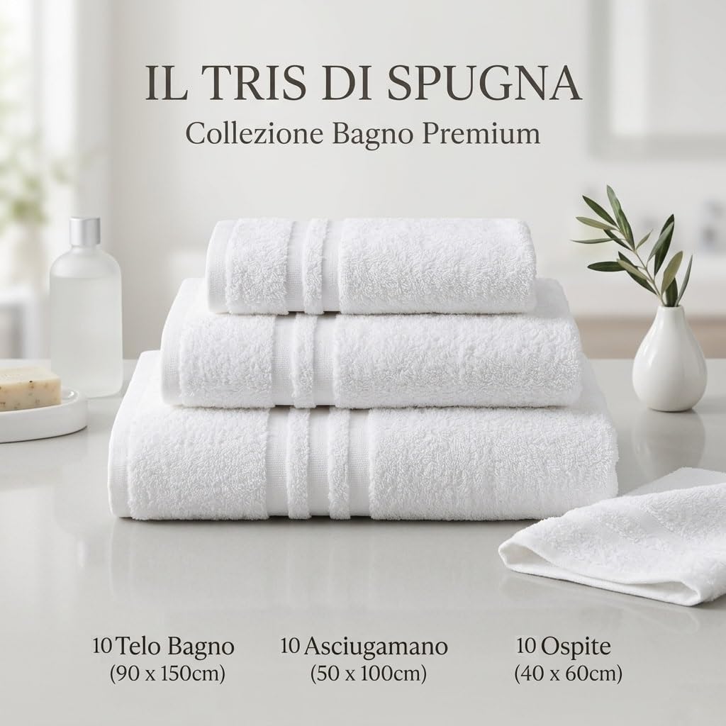 Generico Set Tris Spugna di 10 Teli Doccia Bagno, 10 Asciugamani Viso, 10 Asciugamani Ospite100% Cotone Spugna Idrofila 500 gr/mq Perfetto per Hotel, B&B e Case Vacanze Set 30 Pezzi Asciugamani