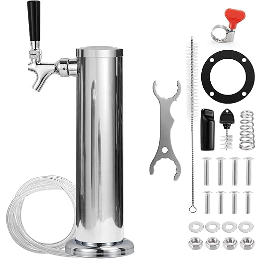 Single Beer Tap Tower Draft Beer Tower Kegerator Tower Stainless Steel Keg Tower Kegerator Parts Kegerator Kit Stainless Core Beer Faucet Pre-assembled Beer Line 3" Beer Tower Dispenser
