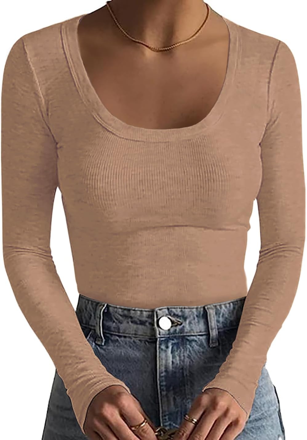 Basicspace Womens Scoop Neck Casual Ribbed T Shirt Long Sleeve Stretch Slim Fitted Basic Shirts