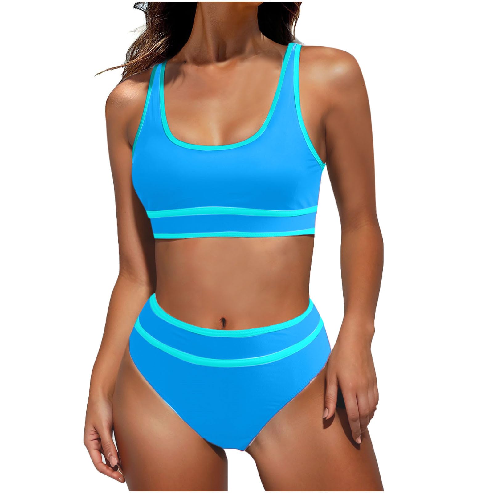NATHGAM High Waisted Bikini Sets for Women Tummy Control Swimsuits Sporty Square Neck Bathing Suit Adjustable Strap Swimwear