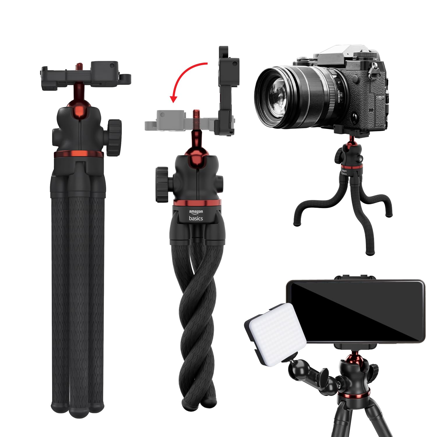 Amazon Basics Flexible Tripod with Hidden Phone Holder & Cold Shoe Mount | 360° Rotating Ball Head with Bubble Level | 1/4” Magic Arm Universal Screw for Smartphones & Cameras | Red Amazon Basics Flexible Tripod with Hidden Phone Holder & Cold Shoe Mount | 360° Rotating Ball Head with Bubble Level | 1/4” Magic Arm Universal Screw for Smartphones & Cameras | Red