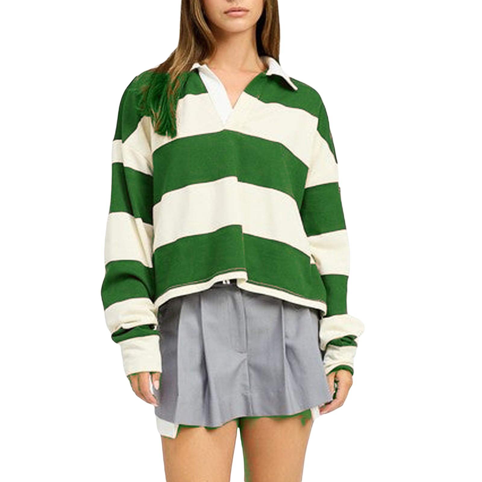 TsultryofsWomen Rugby Polo Shirts Long Sleeve Oversized Striped Crop Tops Vintage V-Neck Pullover Tee Shirt Preppy Clothes