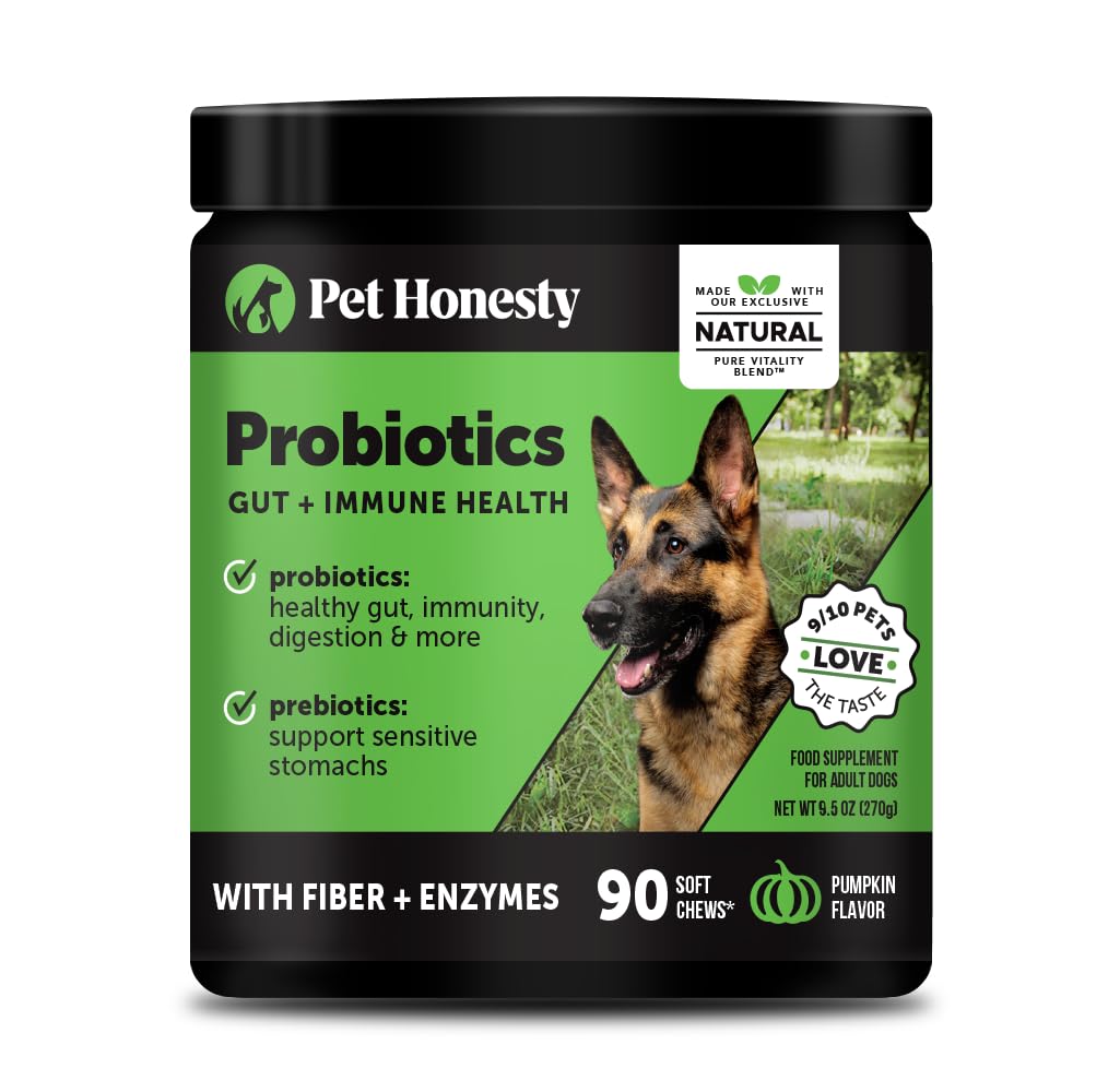 Pet Honesty Probiotics for Dogs - Digestive Enzymes Promotes Gut Health, Dog Probiotics for Bowel Support, Fiber for Regularity, Prebiotics for Immune Health & Gut Flora (Pumpkin, 90 ct)