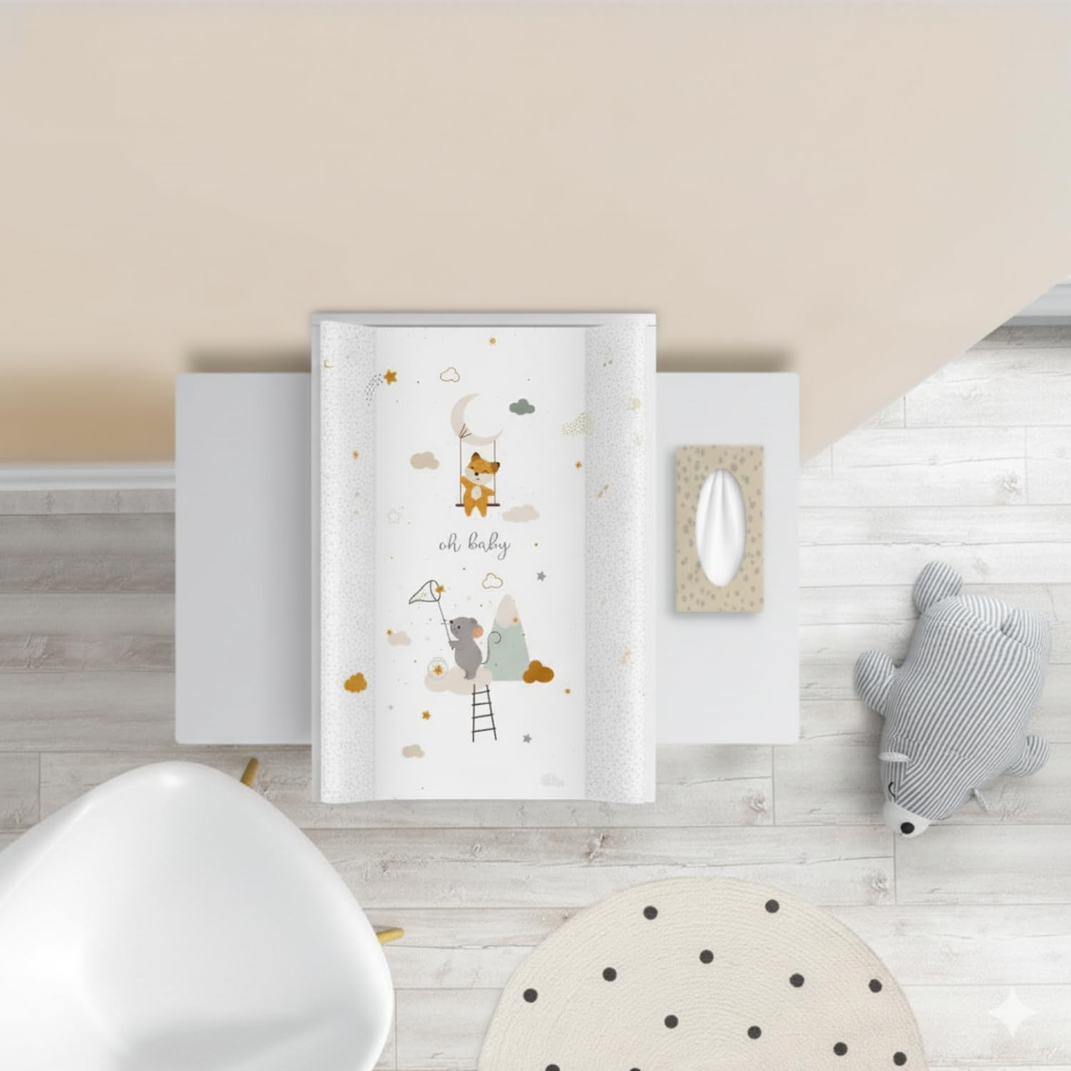 Materassino fasciatoio 70x47 cm, bianco con topolino – lavabile e morbido, bordi sagomati per sicurezza – cuscino fasciatoio per cassettiera – materassino cambio neonato con imbottitura comfort