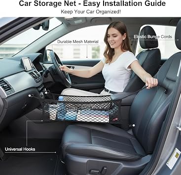 2Pcs 3-Layer Car Storage Net Organiser Between Front Seats, Kid Dog Pet Net Barrier Car Mesh Pocket Elastic Tissue Purse Holder Netting for SUV, Van, Black Mesh, 30cm x 30cm