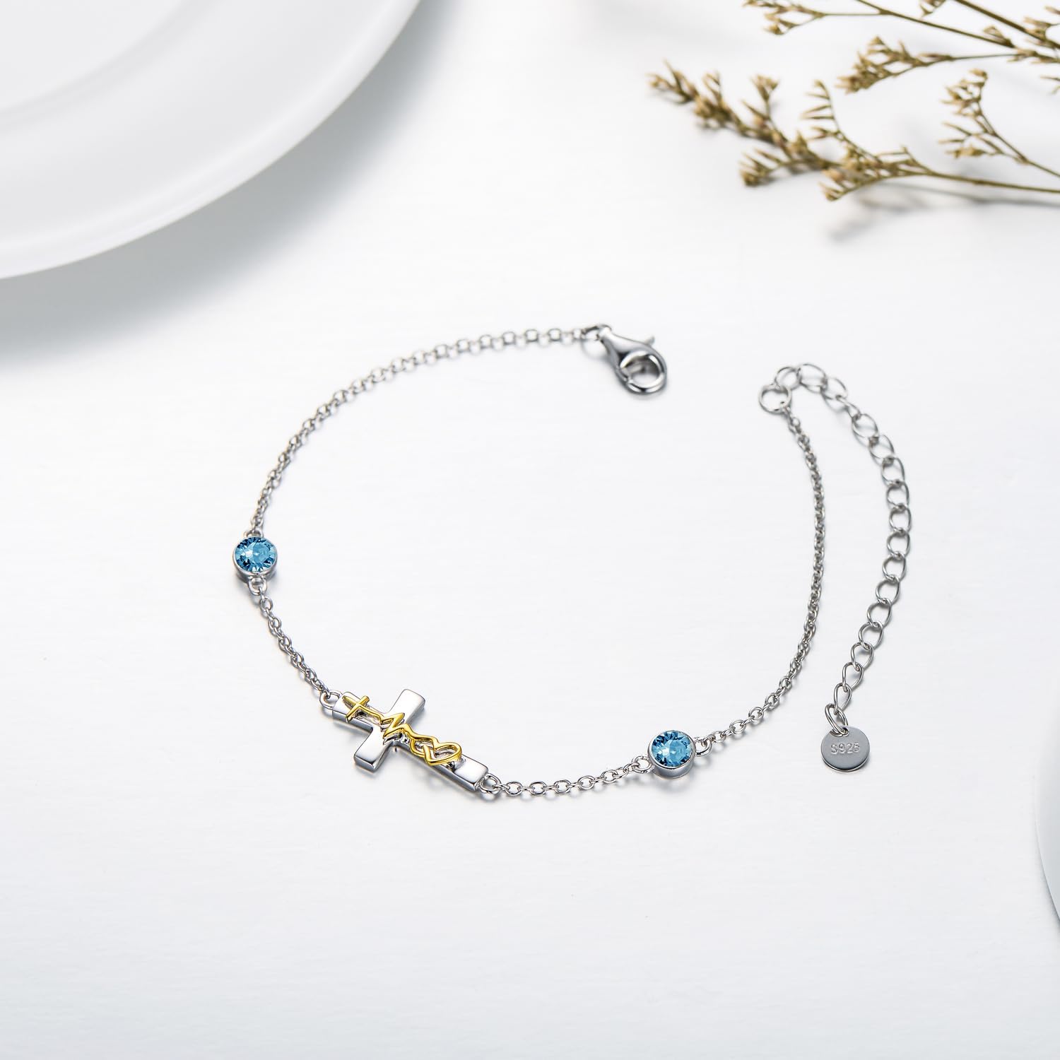 AOBOCO 925 Sterling Silver Faith Hope Love Cross Bracelets with 12 Birthstones Birthday Christian Jewelry for Women