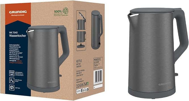 Grundig WK 7340 Electric Kettle, 2150 W Power, 1.5 L Capacity, Cord Wind, Automatic Shut-Off, Concealed Heating Element, Stainless Steel Cool Touch with Double Wall, Dark Inox