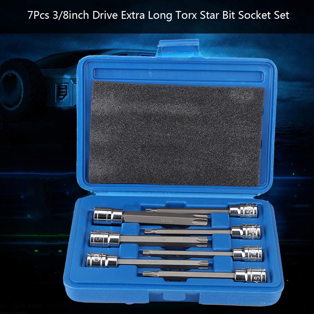 Set di chiavi a bussola e punte, 7 pezzi 3/8" in acciaio al cromo-vanadio Torx Star Bit Kit 110 mm Albero extra lungo T25 T30 T40 T45 T50 T55 T60 con custodia in plastica per cacciavite