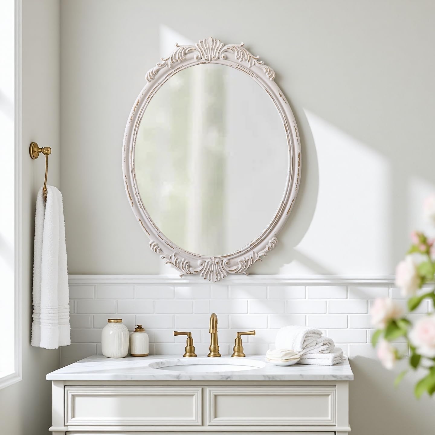 Vintage Oval Mirrors for Wall 30 X 22 Inch, Hanging Distressed White Wood Frame Antique Bathroom Mirrors for Over Sink, Decorative Mirror Living Room Bedroom Entryway, Horizontal or Vertical