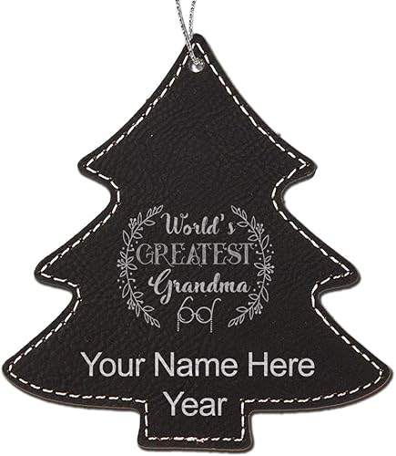 LaserGram Personalized Christmas Ornament, World's Greatest Grandma, Faux Leather, Custom Laser Engraved Gift Idea (Tree Shape, Black with Silver)