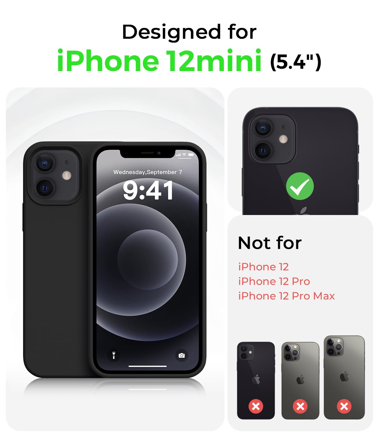 AOTESIER Stoßfeste Schutzhülle für iPhone 12 Mini, flüssiges Silikon in Lebensmittelqualität, mit weichem kratzfestem Mikrofaserfutter, Fallschutz, 13,7 cm (5,4 Zoll), schlanke, dünne Hülle, Schwarz