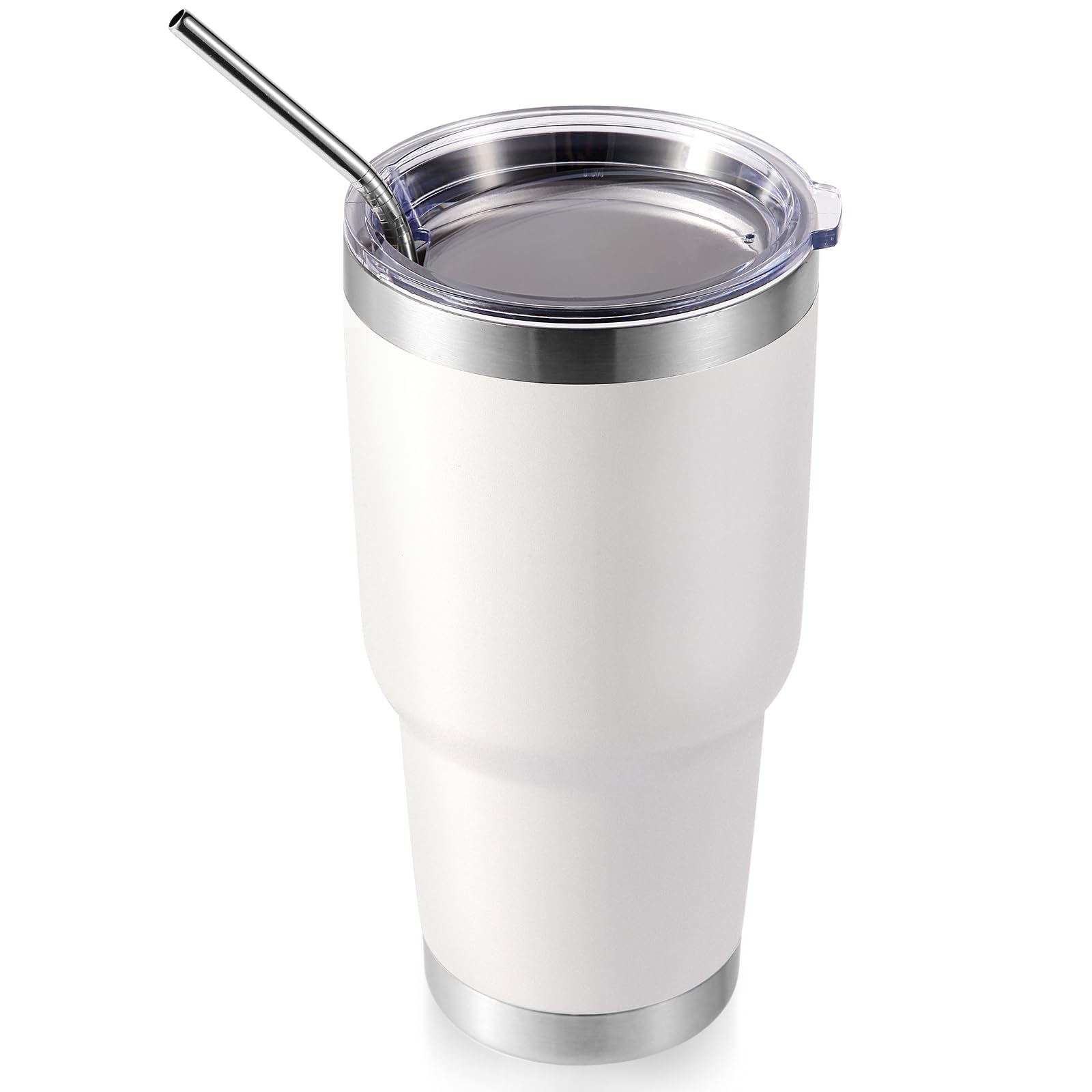 Volhoply 900ml 30oz Insulated Tumbler with Lid and Straw, Double Wall Inner & Outer 304 Stainless Steel Coffee Cup, Travel Mug Reusable Thermal Cup for Cold & Hot Drinks (White,1 Pack)