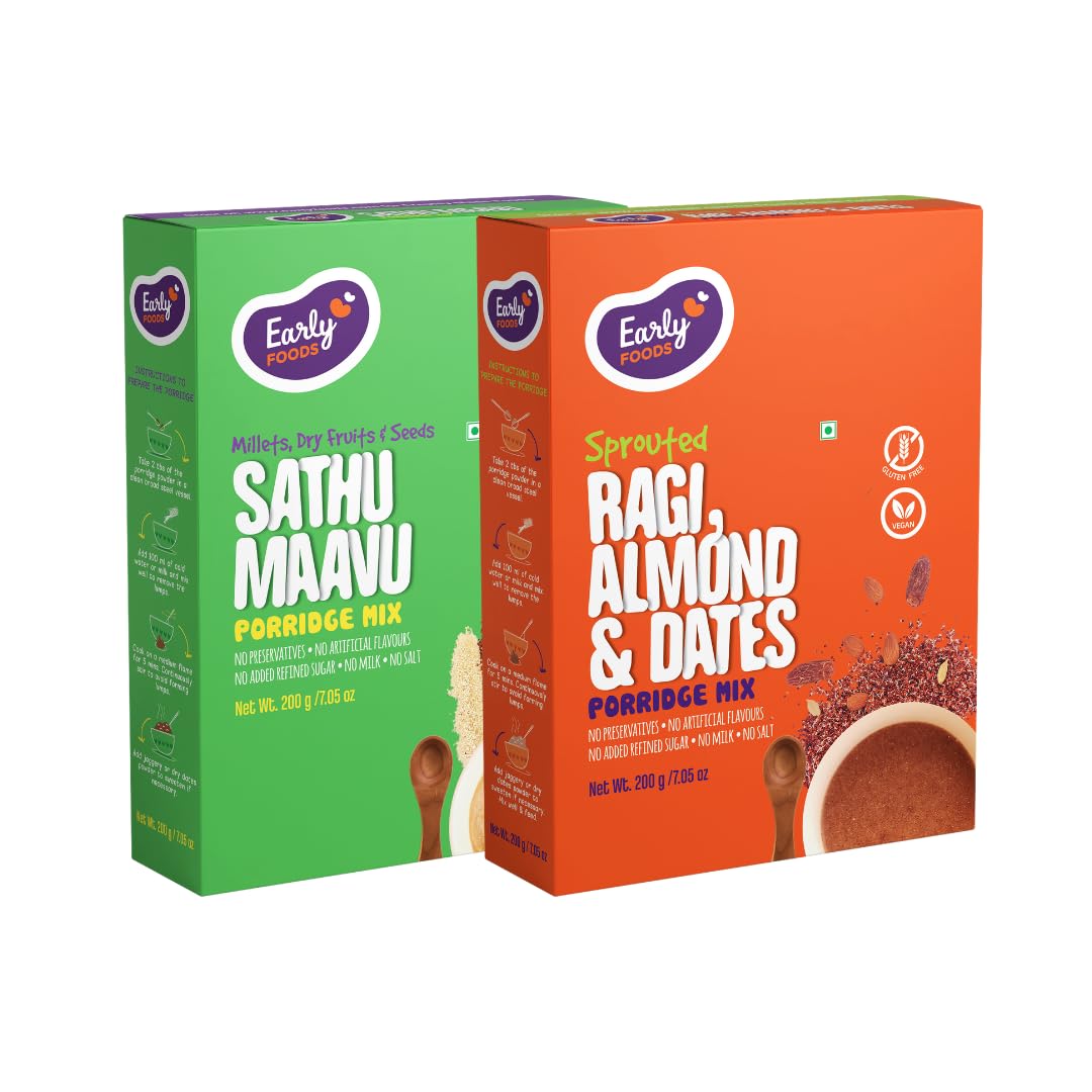 Early Foods – Pack of 2 : Sprouted Ragi Almond Date & Sathu Maavu Porridge Mixes |Breakfast Cereals |Ragi malt | Munch Cereal | Gluten Free Porridges 200 gms x 2