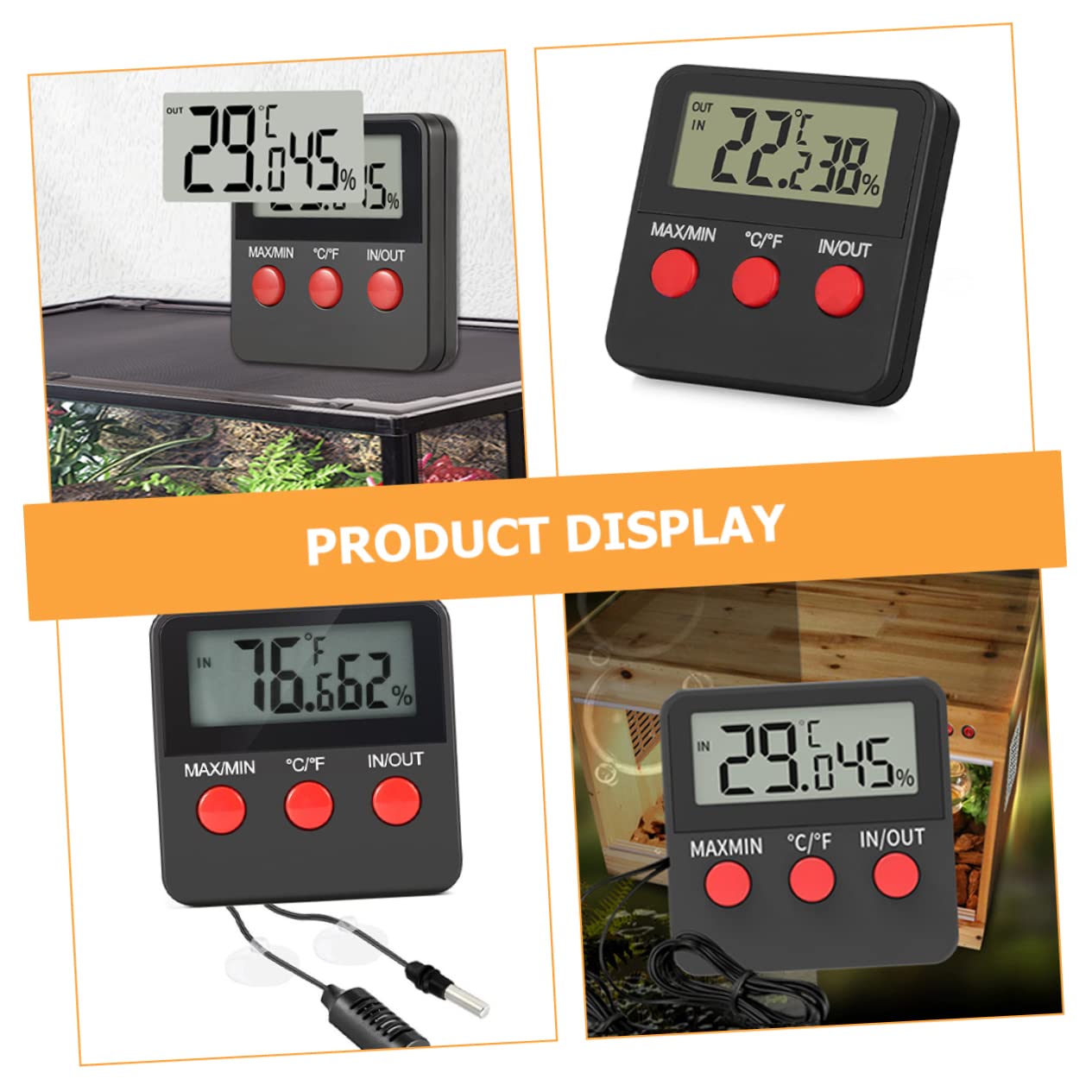 Termómetro Digital para Acuario de Reptiles Medición de Humedad, 2 Juegos | Abs Negro, Soporte Clip Trasero, Superficie Lisa y Bordes Redondeados, para Caja de Cría y Caja de Reptiles