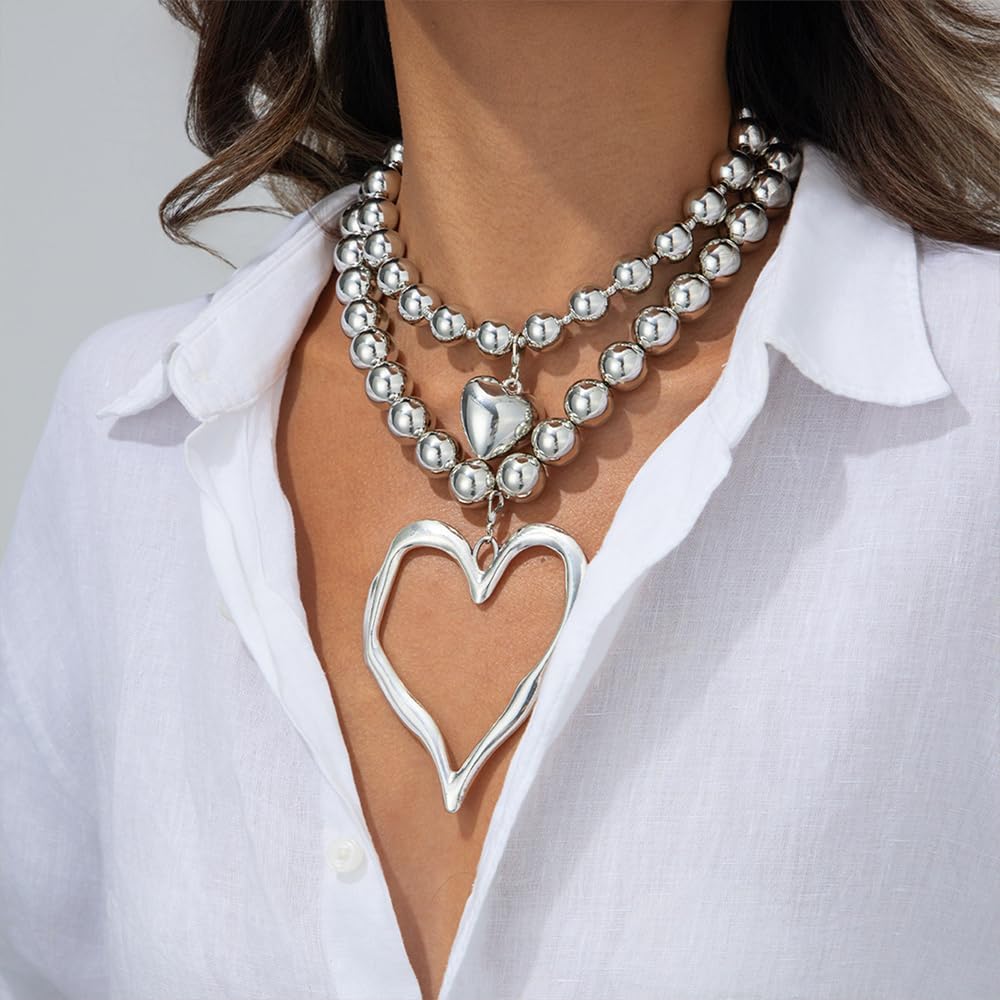 Chunky Gold Necklaces for Women Trendy Big Heart Pendant Beaded Statement Choker Womens Bold Thick Large Hearts Shaped Layered Necklace Bulky Jewelry - Image 2