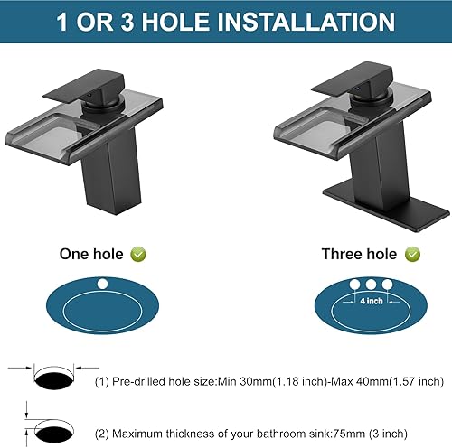 Miniatura 5 de Midanya Grifo de lavabo de baño LED negro mate, grifo de baño con boquilla de vidrio abierto en cascada, mango único, 3 colores cambiantes, grifos