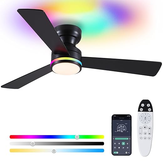 Asyko 46" Black RGB Ceiling Fans with Lights and Remote,Low Profile Ceiling Fans with Quiet Reversible DC Motor,Modern Flush Mount Ceiling Fan Light for Bedroom Kids Room