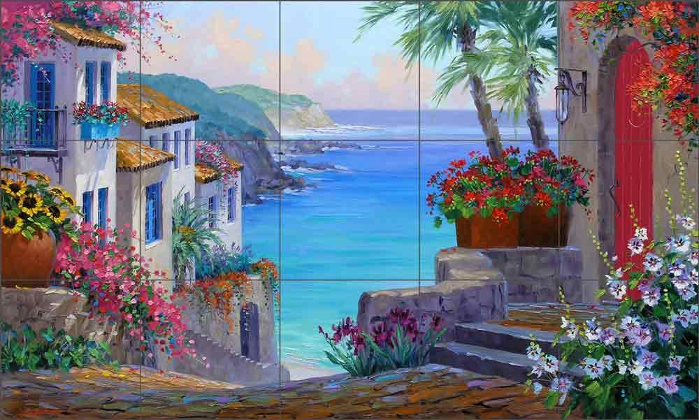 Mediterranean Tile Backsplash Tranquil Haven by Mikki Senkarik Seascape Art Kitchen Shower Ceramic Mural (30