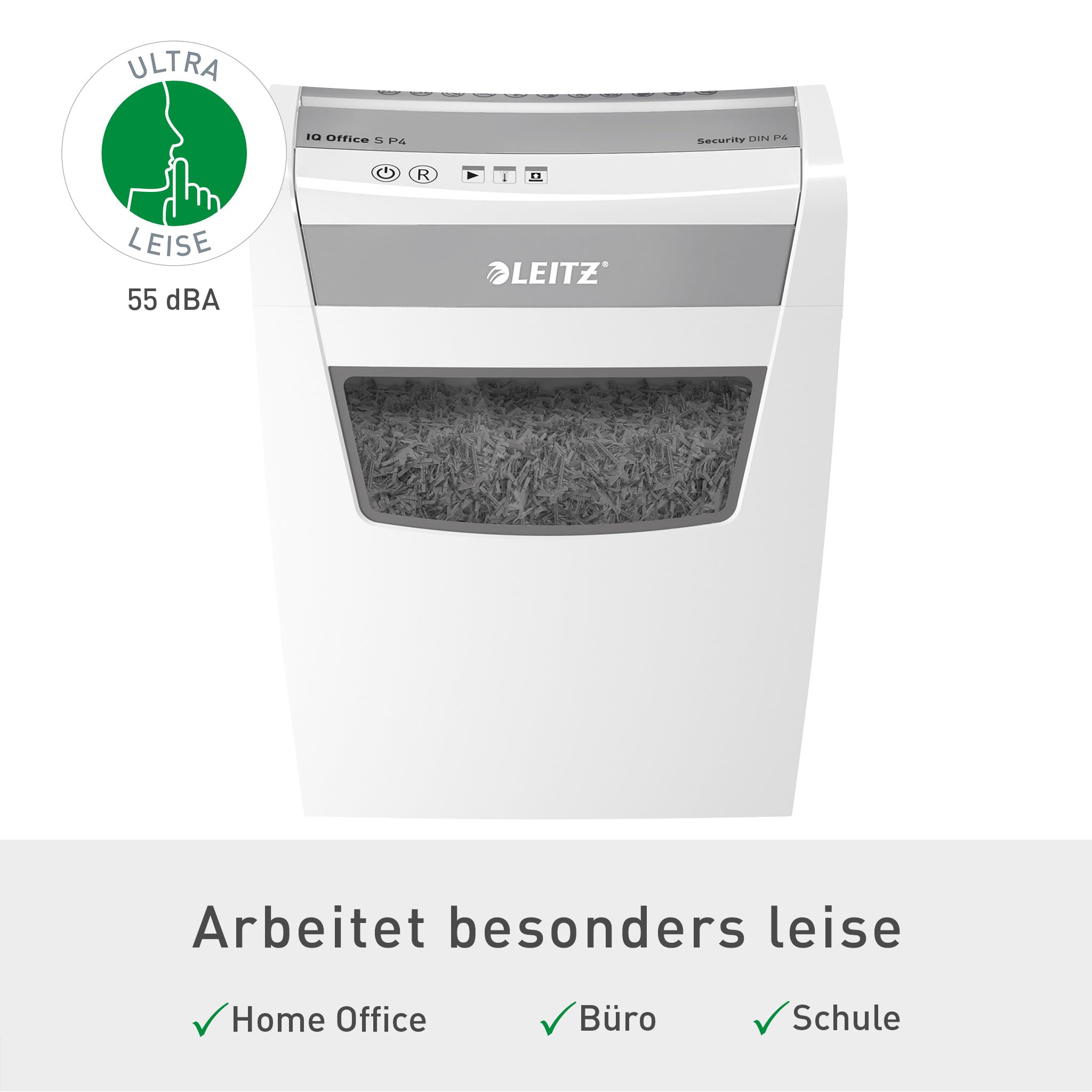 Leitz IQ Aktenvernichter Office S, 14-12 Blatt Kapazität (70-80 g/m²), TÜV+GS zertifiziert, Partikelschnitt, Sicherheitsstufe P4, Besonders leise, 23L Behälter, Schredder für Büro, Weiß, 80990000