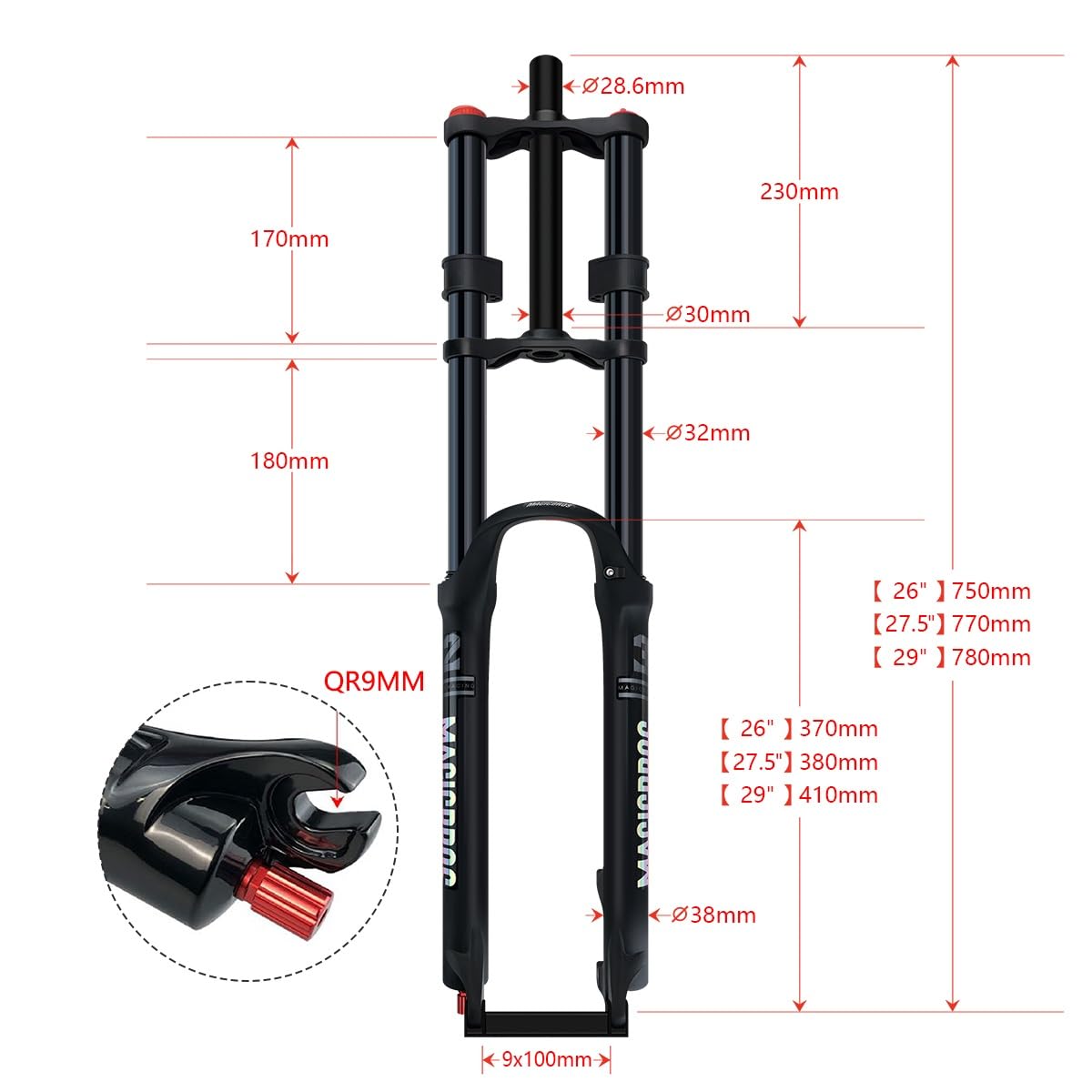 Forcella Ammortizzata per Mountain Bike da 26/27,5/29 Pollici con Freno a Disco, Forcella MTB Dritta da 1-1/8", Escursione pneumatica DH da 145 mm con Regolazione dell'ammortizzazi