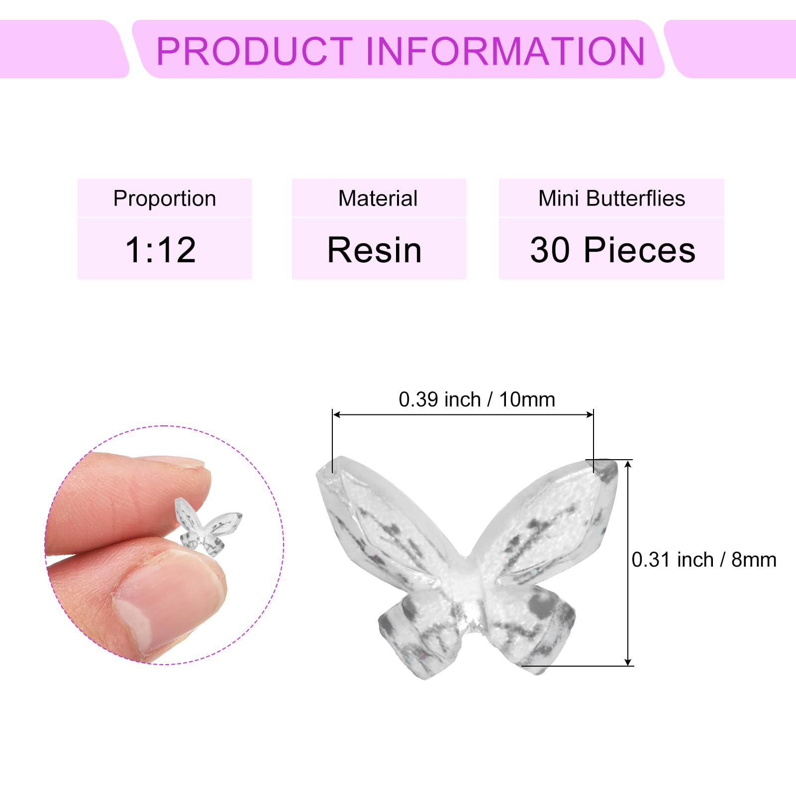 CoCud Mini Resin Butterflies, 8mm Length, Resin Miniature Dollhouse Accessories White with Black Spot - Image 2