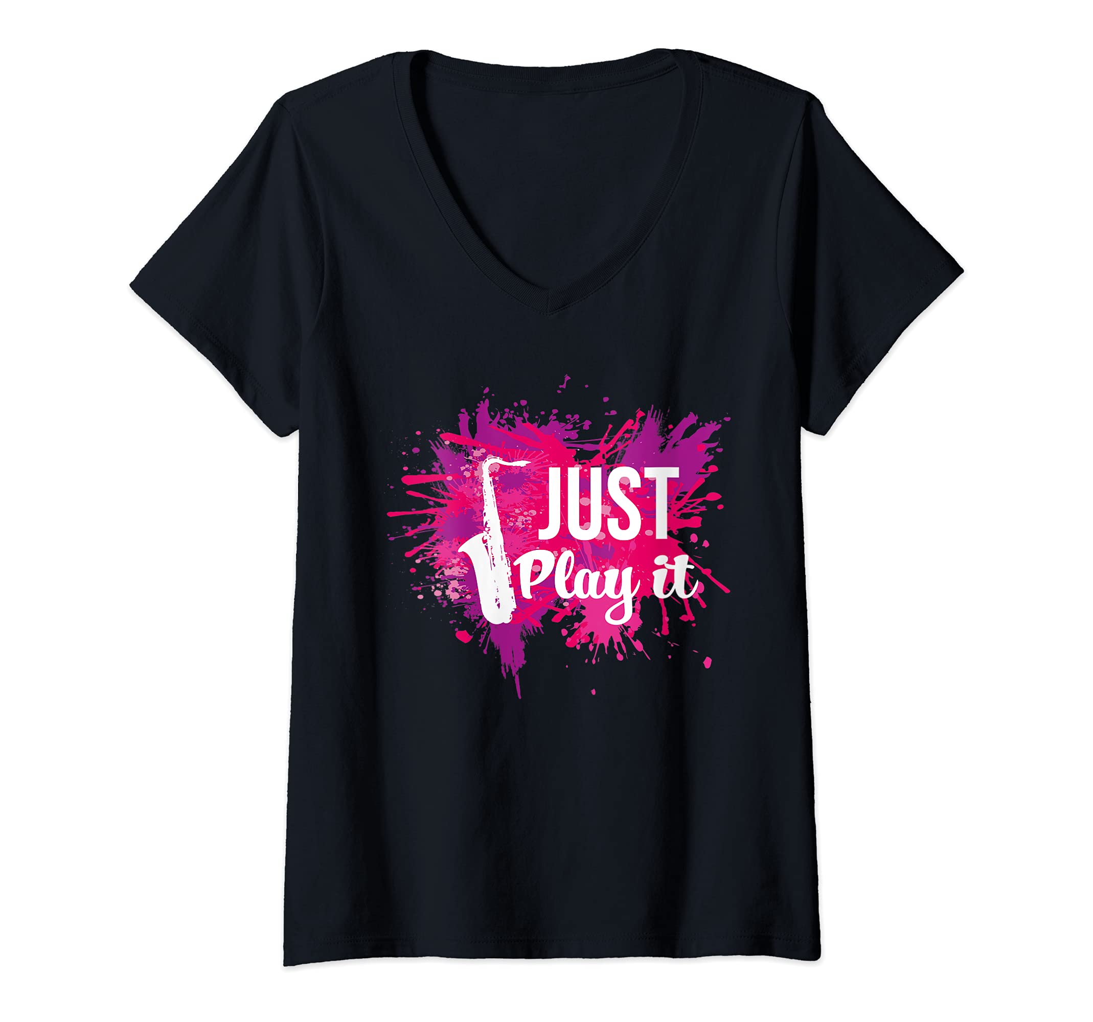Womens Jazz Play It Metal Wind Instrument Classic Saxophone Music V-Neck T-Shirt, Black