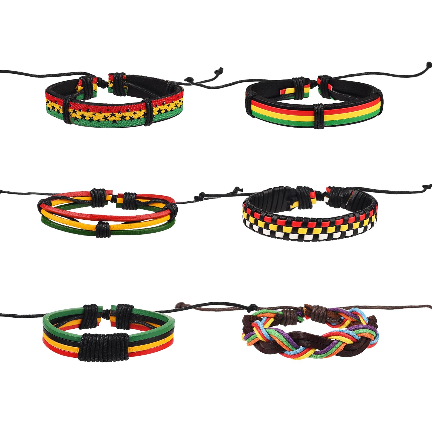 6 Pieces Rastafarian Bracelets Colours of the Jamaican Flag Braided Bracelet for Men's and Women's Leather Bracelet
