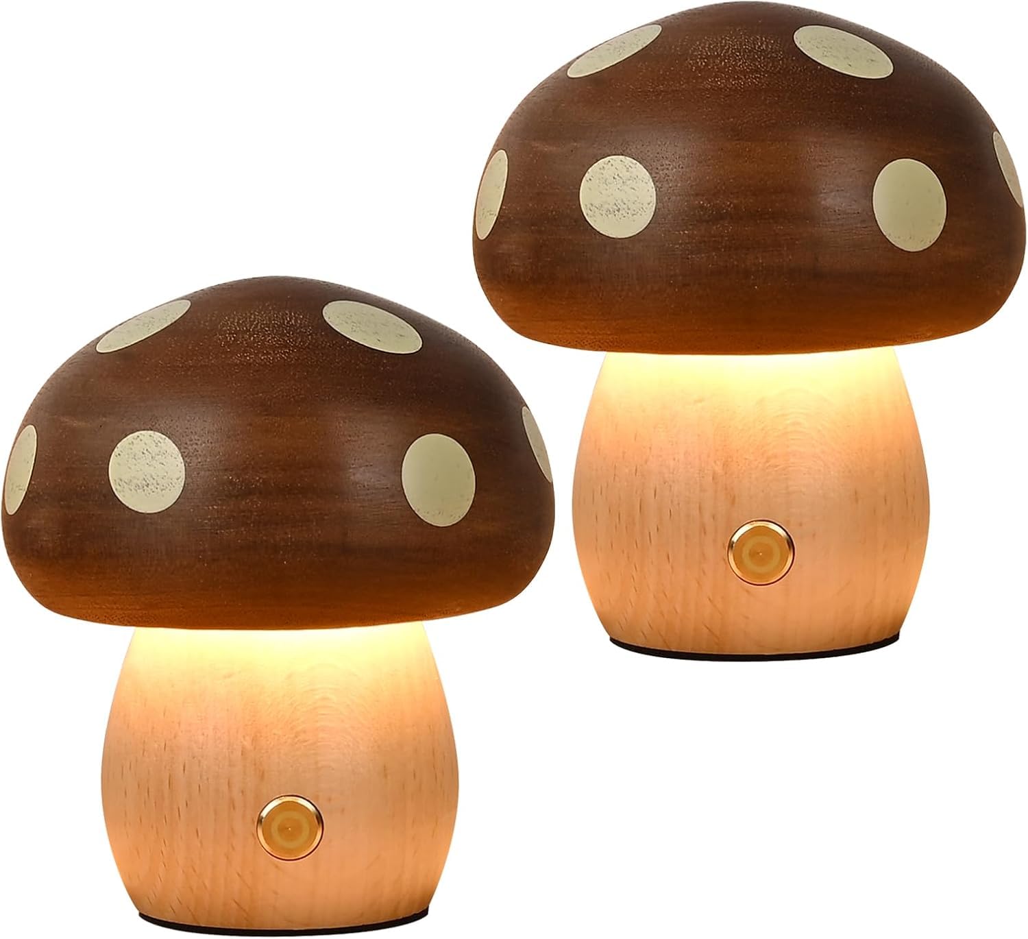 AIEHOUSE 2 Pack LED Mushroom Night Light, 9cm Wooden Table Lamp, Rechargeable Battery Operated, Touch Switch, Stepless Dimming